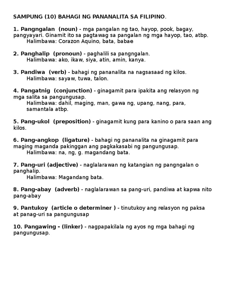 SAMPUNG 10 BAHAGI NG PANANALITA SA FILIPINO Docx
