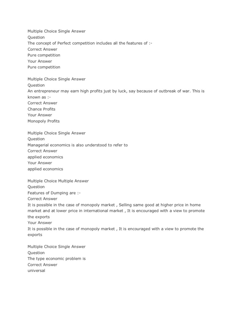 Multiple Choice Questions For Economics With Answers