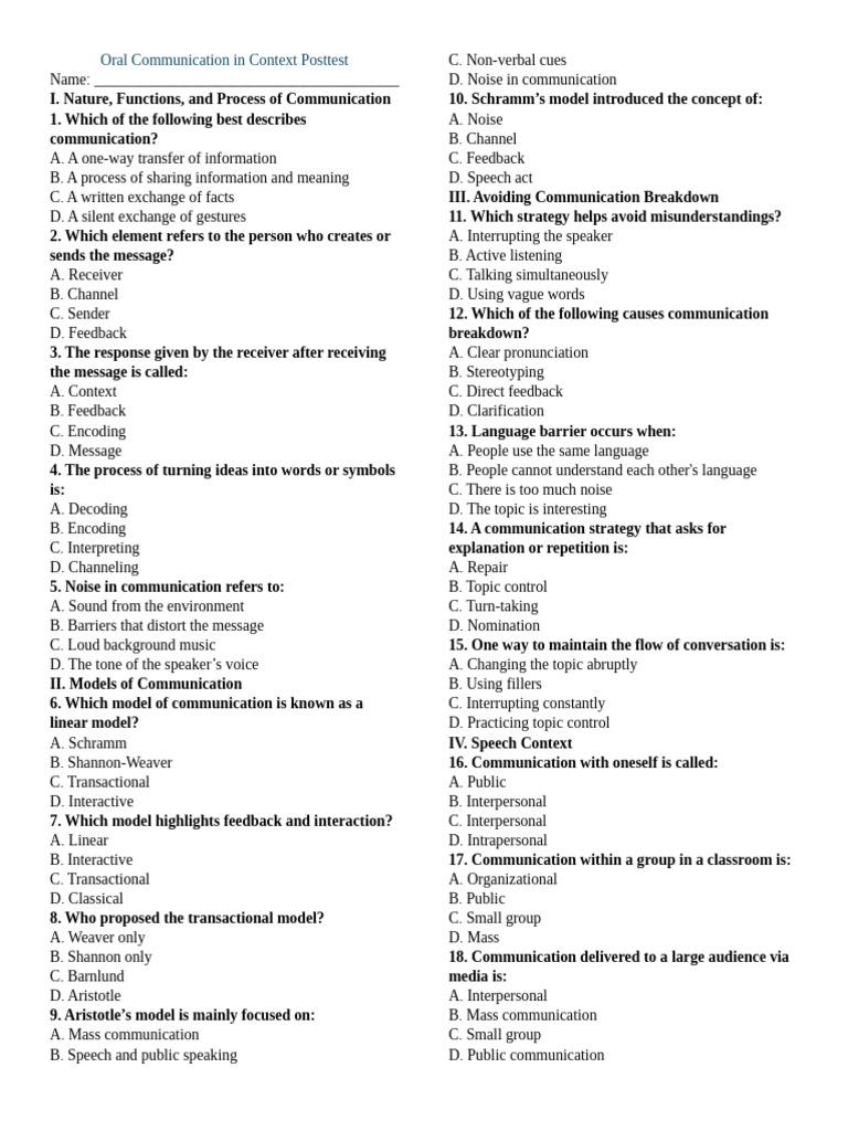 Oral Communication in Context Posttest | PDF | Communication | Human ...