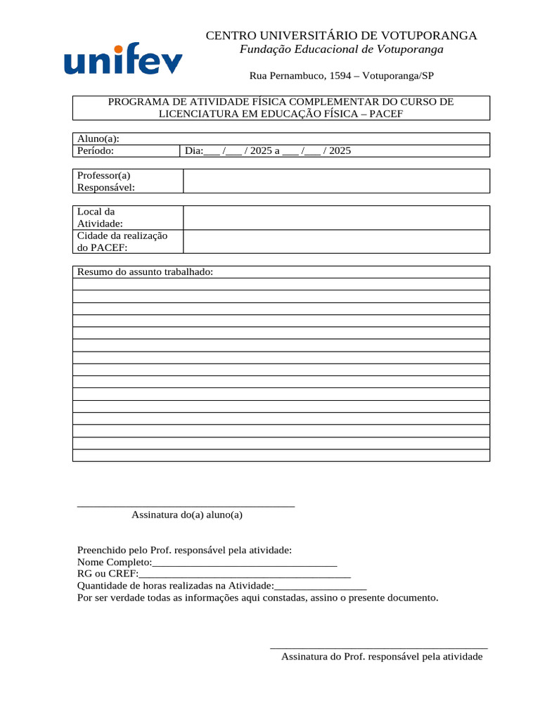 Ficha de Preenchimento Das Atividades - PACEF - Licenciatura - 2025 5 | PDF