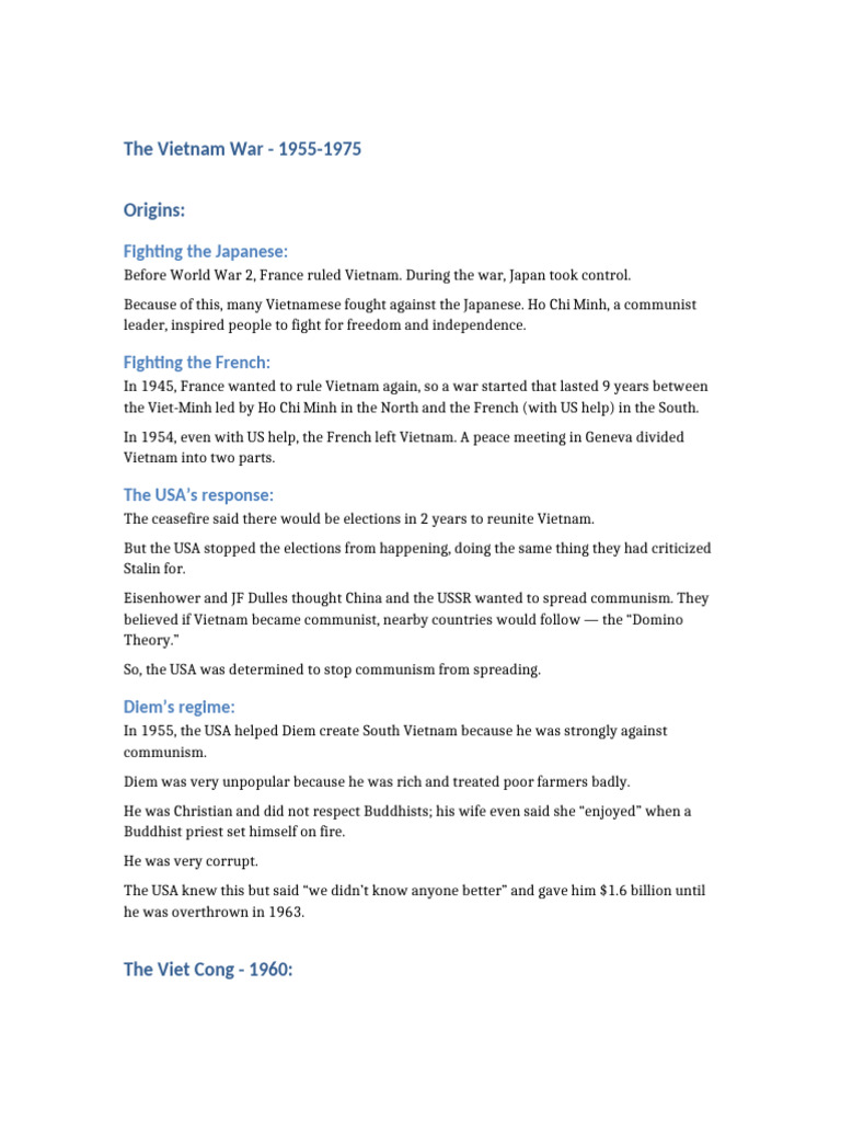 Vietnam War Summary Simplified | PDF | Vietnam War | Viet Cong