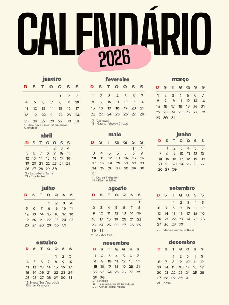 Rosa e Branco Simples Calendário Com Feriados 2026 A4 | PDF