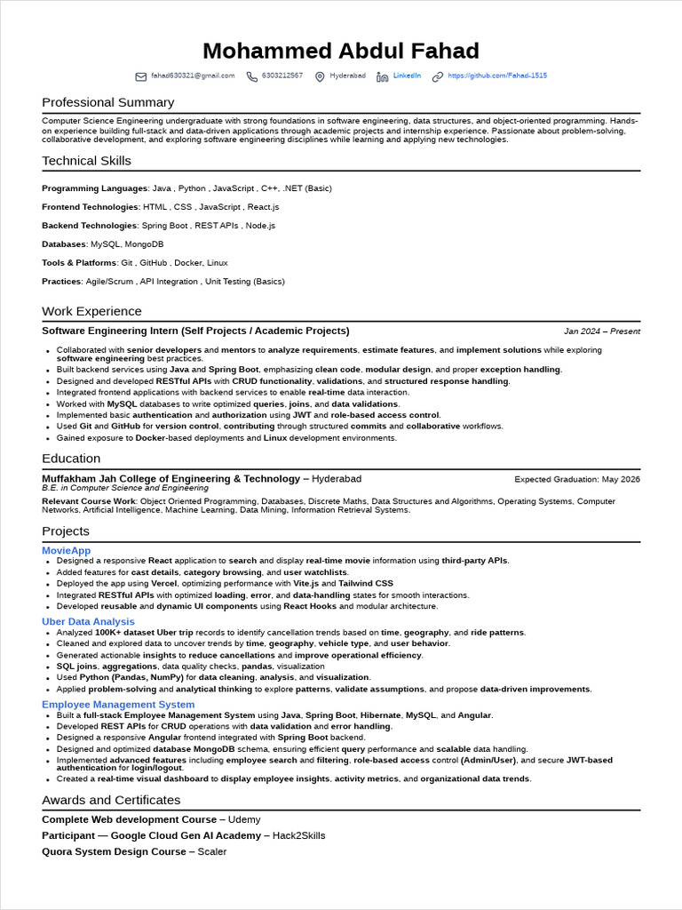 Mohammed Abdul Fahad Resume | PDF | Databases | Data