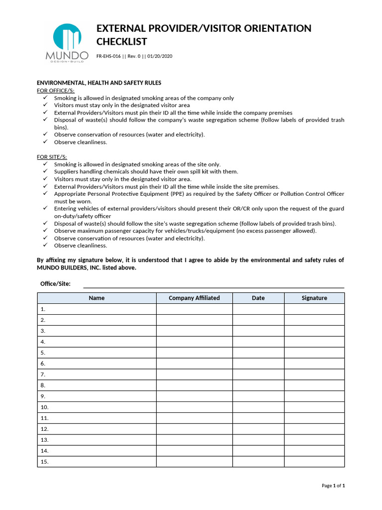 FR-EHS-016 External Provider - Visitor Orientation Checklist - Rev 0 | PDF