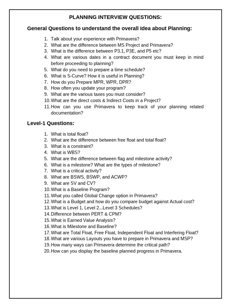Questionnaire For Planning Engineer | PDF