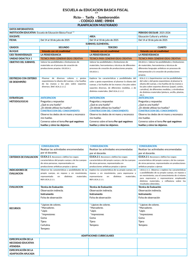 Plan Multigrado Elemental Eca 5ta Semana | PDF | Lápiz | Educación primaria