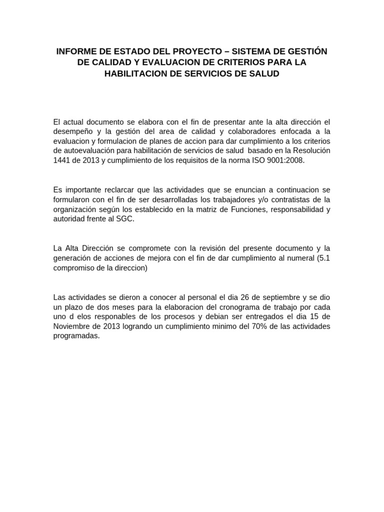 Informe de Estado Del Proyecto | PDF | Calidad (comercial) | Sistema de ...