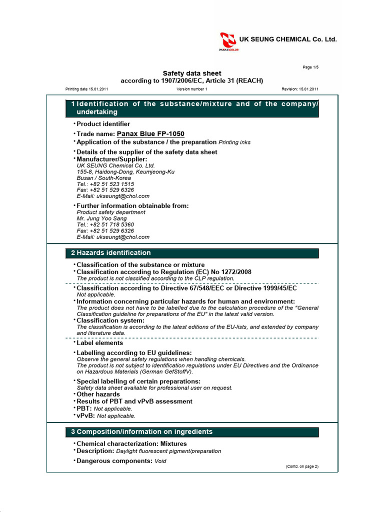 Msds - Panax Blue Fp-1050 - Uk Seung Chemical - e | PDF | Dangerous ...