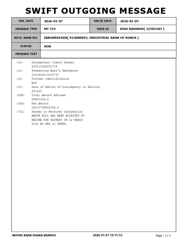 Usd 30334.60 Acceptance MSG MT 752 Sgwicus | PDF