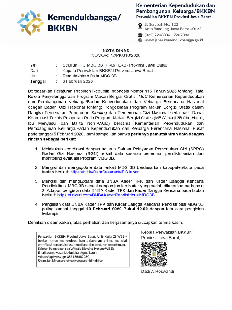 Nota Dinas Pemutakhiran Data MBG 3B | PDF