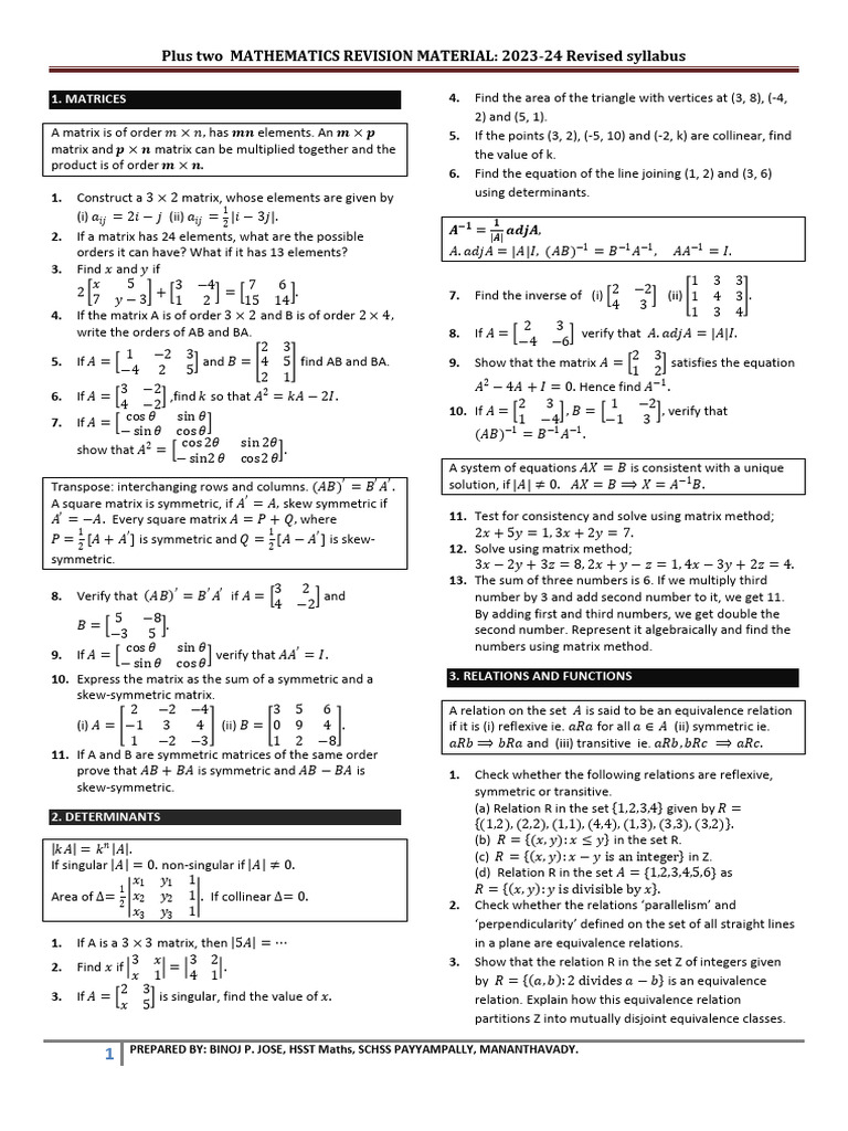 Plus Two Mathematics Revision Material | PDF | Matrix (Mathematics ...