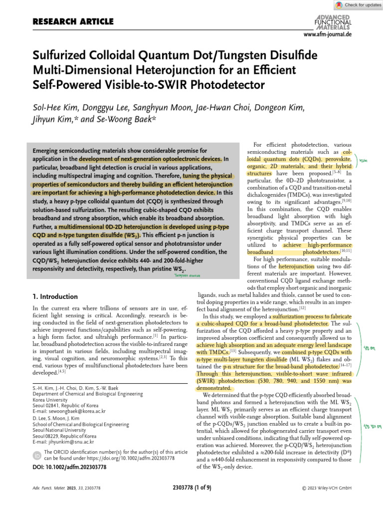 Adv Funct Materials - 2023 - Kim - Sulfurized Colloidal Quantum Dot ...