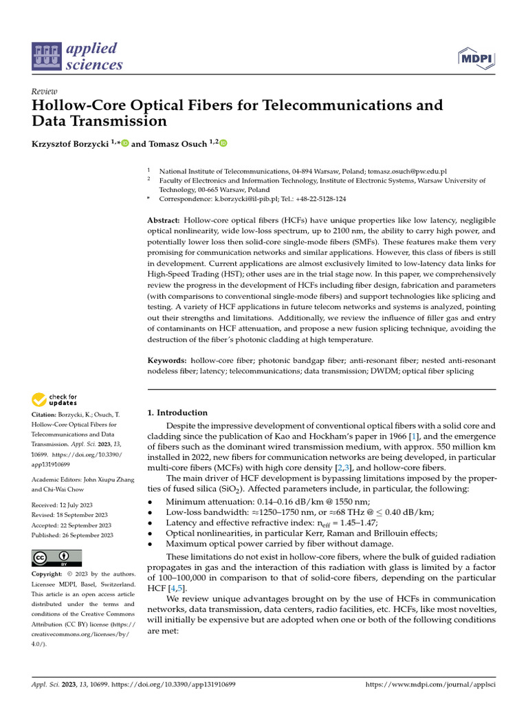 Hollow-Core Optical Fibers For Telecommunications | PDF | Optical Fiber ...
