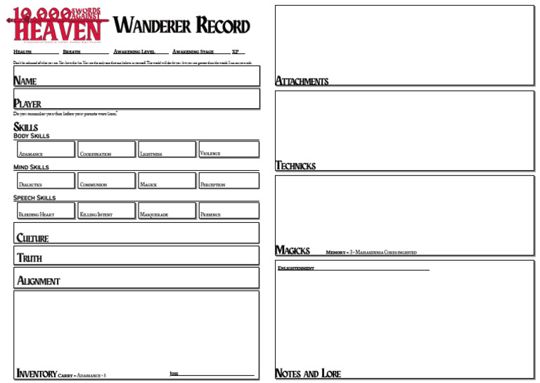 10K Swords Against Heaven Wanderer Sheet | PDF
