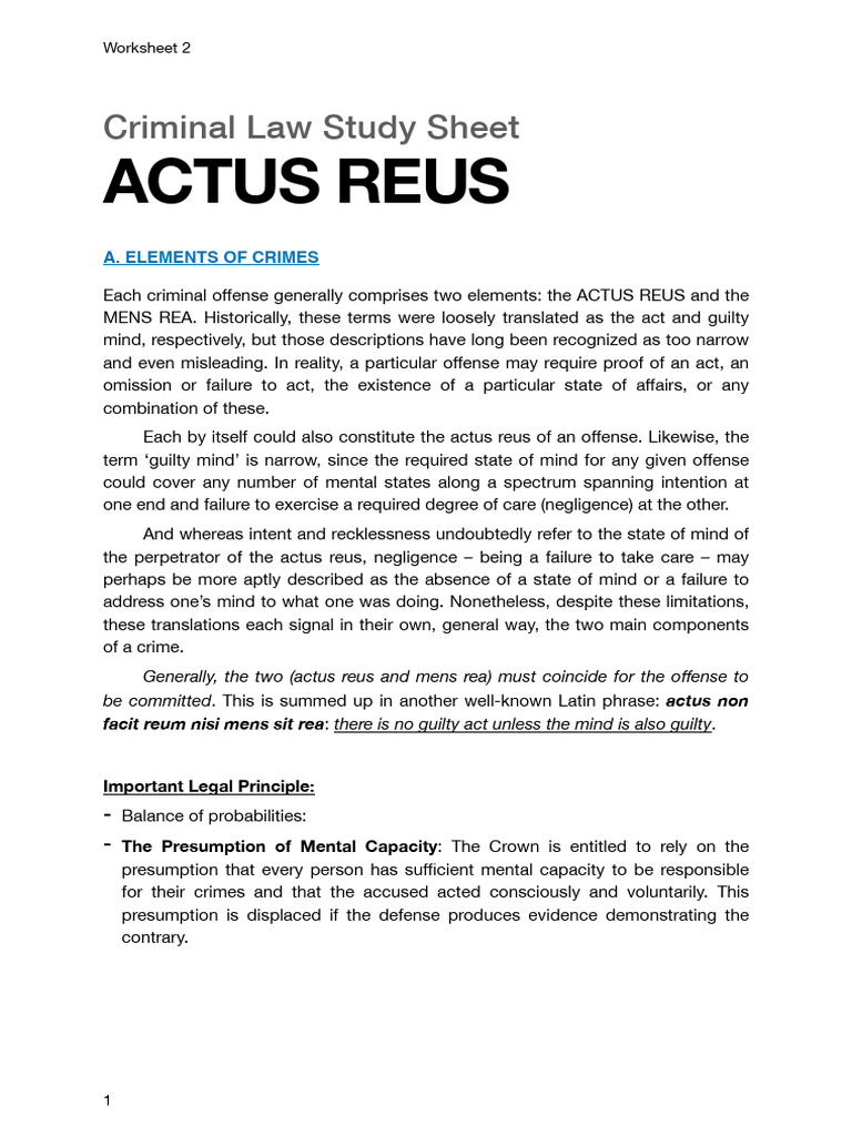 Actus Reus Study Sheet | PDF | Insanity Defense | Causation (Law)
