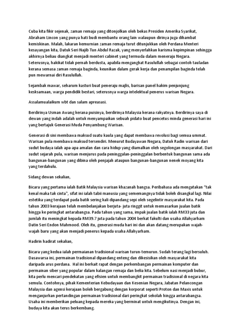 Teks Pidato Generasi Muda Penyambung Warisan