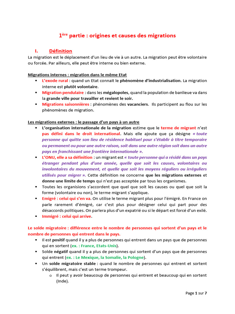 Sociologie Des Migrations 1ère Partie - Origines Et Causes Des ...
