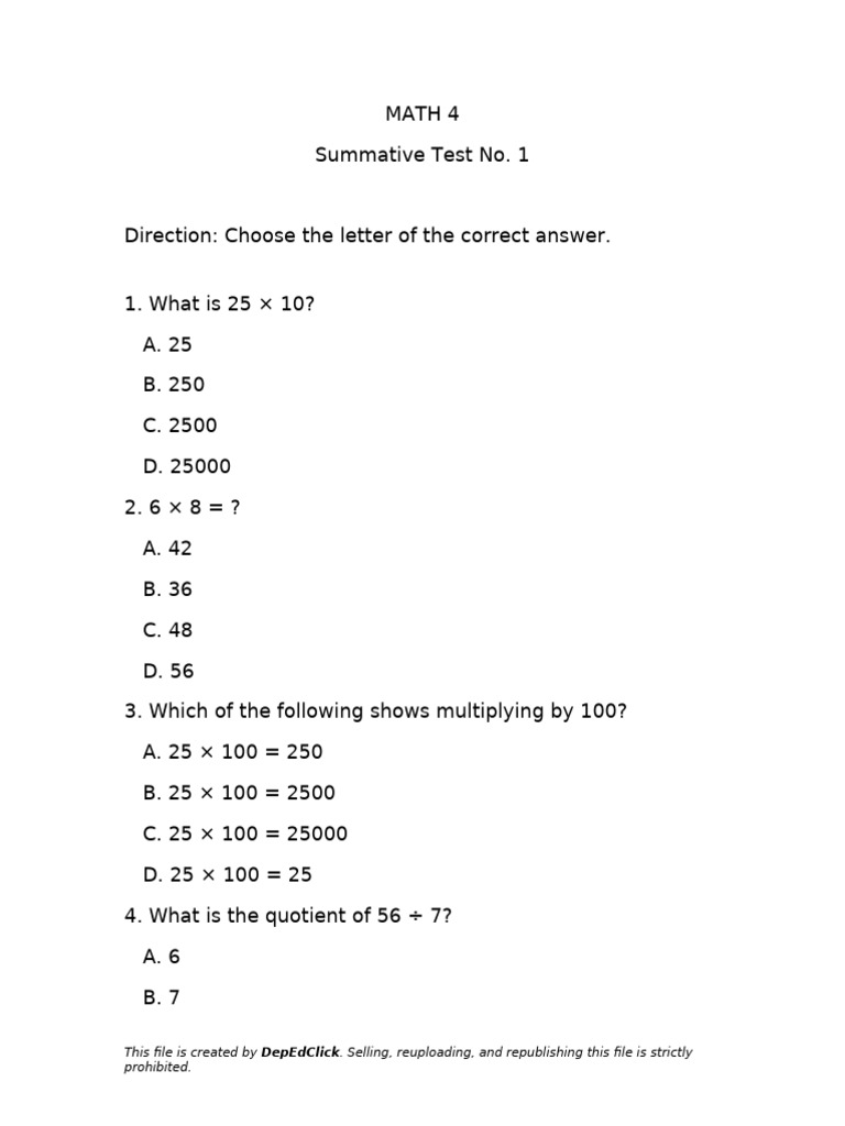 MATH 4 Summative Test Q2 W1-W2 | PDF | Multiplication | Chess Theory