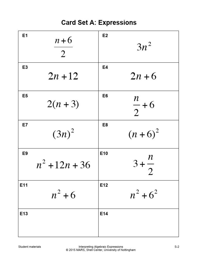 Card+Sort+ +interpreting Algebriac Expressions Student Reproducibles | PDF