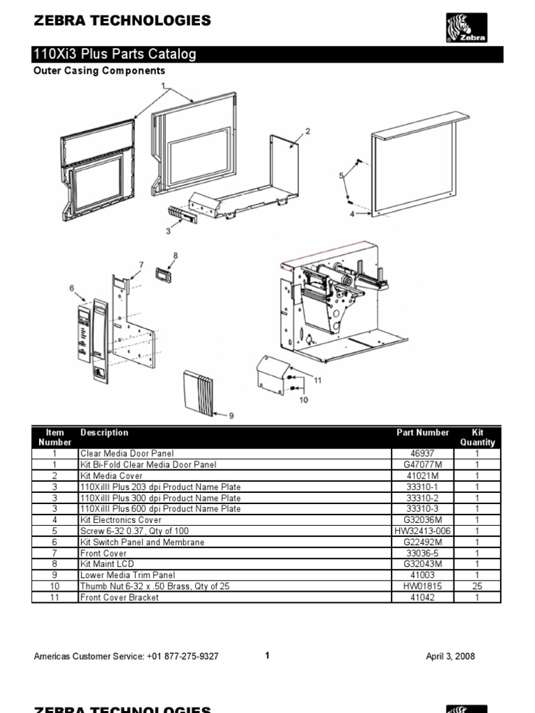 Zebra 110Xi3 Parts Catalog