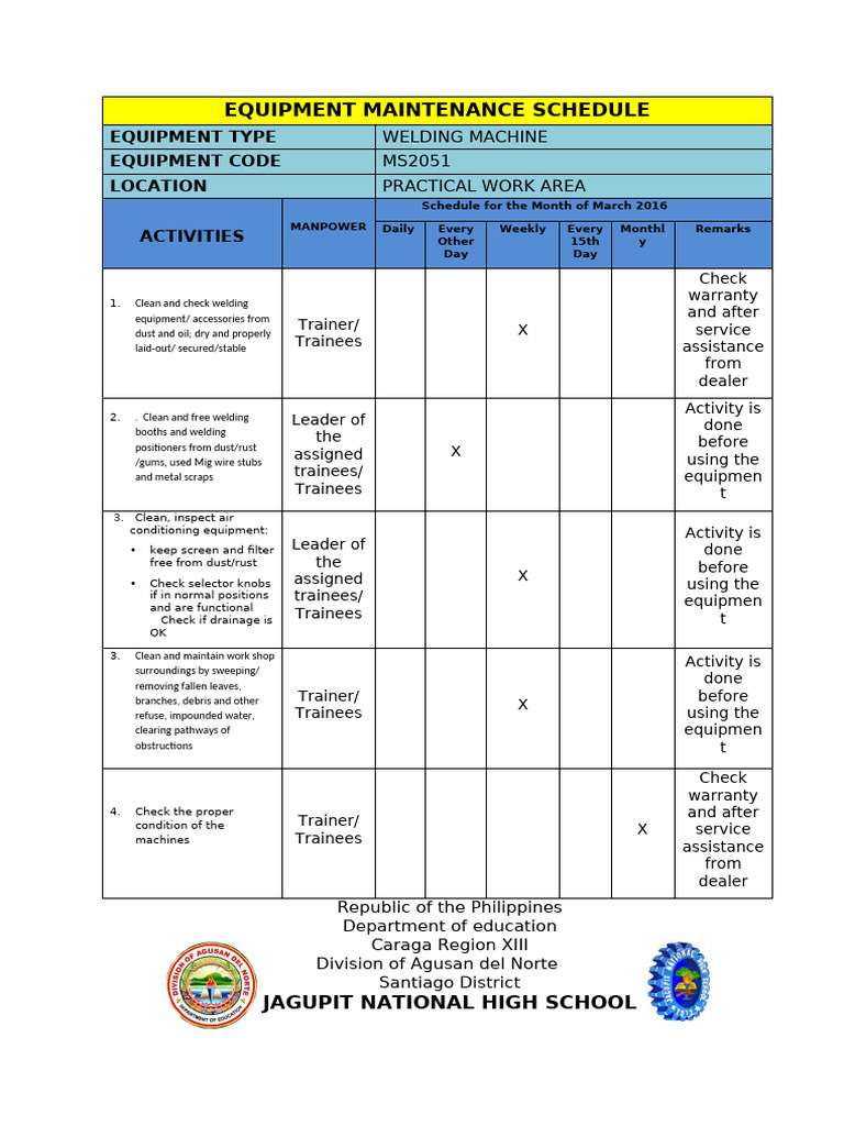 2.1 Equipment Maitainance Schedule | PDF | Mechanical Engineering ...