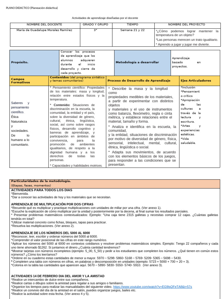 Planeación 3° Semana 21 y 22 Maestra Lupita | PDF | Aprendizaje | Maestros