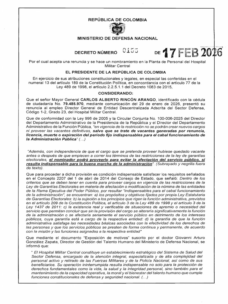 Decreto No. 0155 Del 17 de Febrero de 2026 | PDF | Hospital | Gobierno