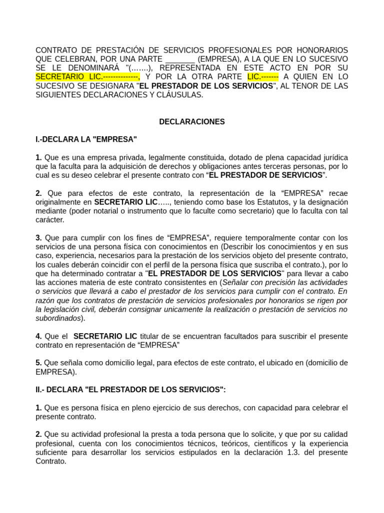 Contrato de Prestacion de Servicios Profesionales Por Honorarios | PDF ...