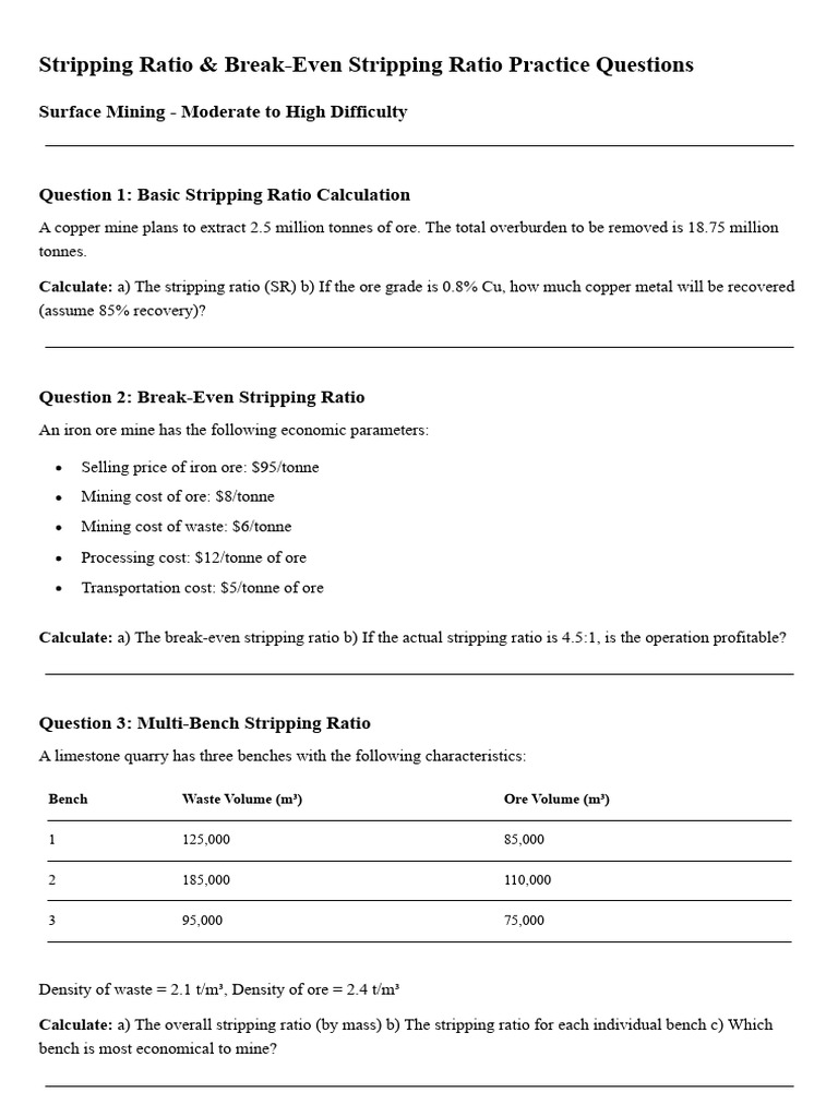 Stripping Ratio Questions | PDF | Mining | Ore