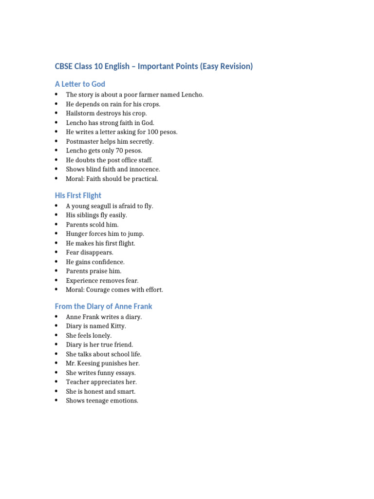 CBSE Class 10 English Important Points | PDF