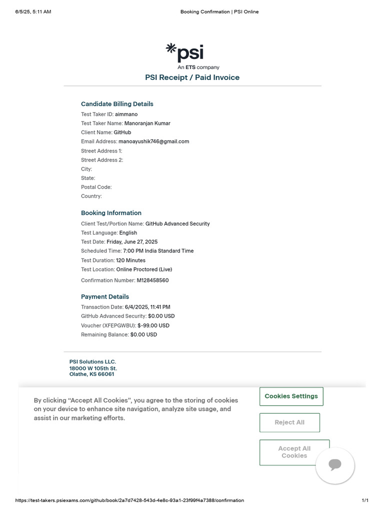 Booking Confirmation - PSI Online | PDF