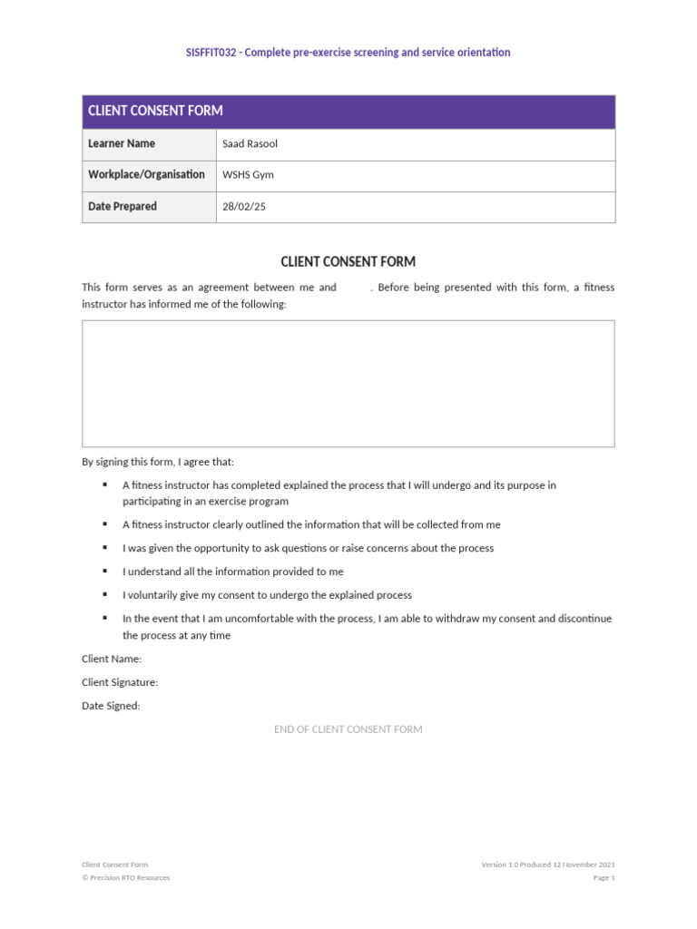 SISFFIT032 Client Consent Form v1 0 | PDF