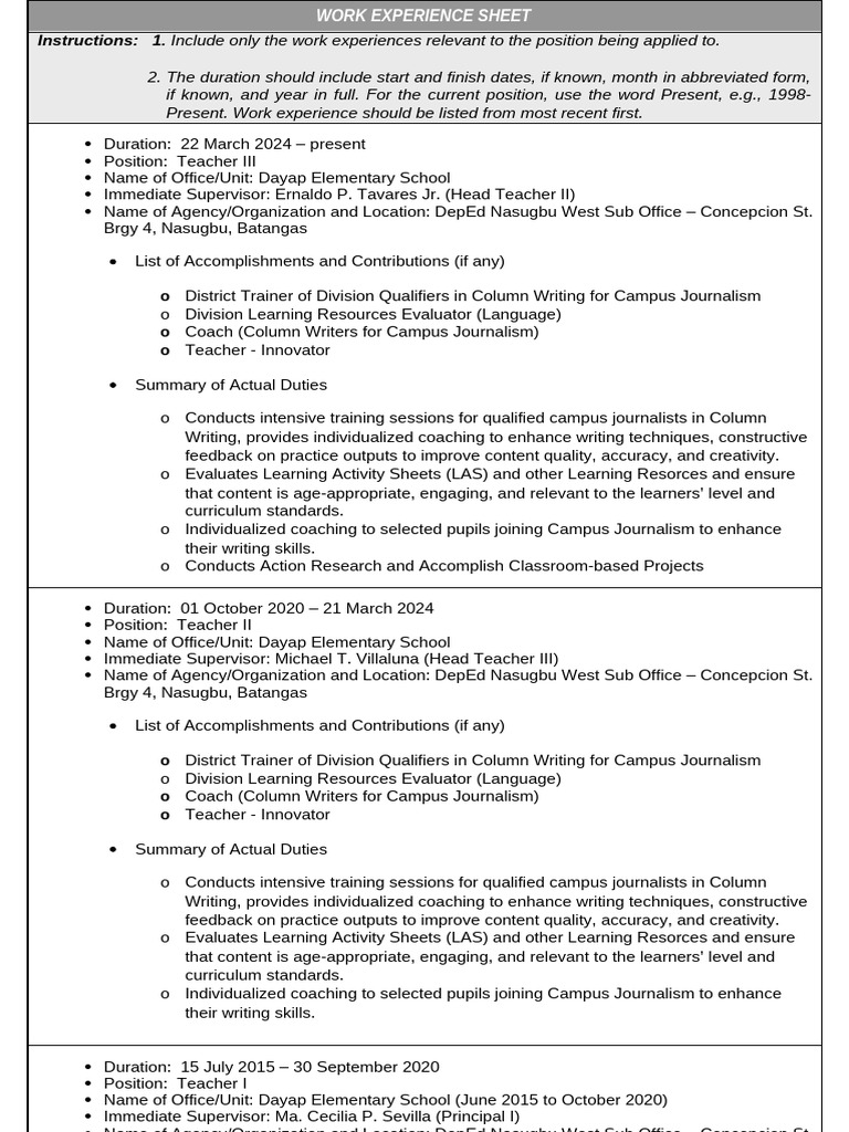 Work Experience Sheet 2025 | PDF | Teachers | Education Theory