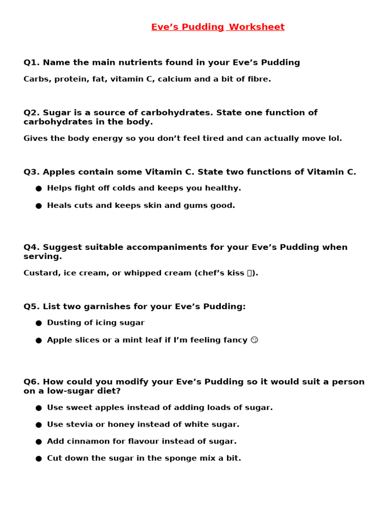 Rishit Raikwar - Eve's Pudding Worksheet Letss | PDF | Food Science | Foods