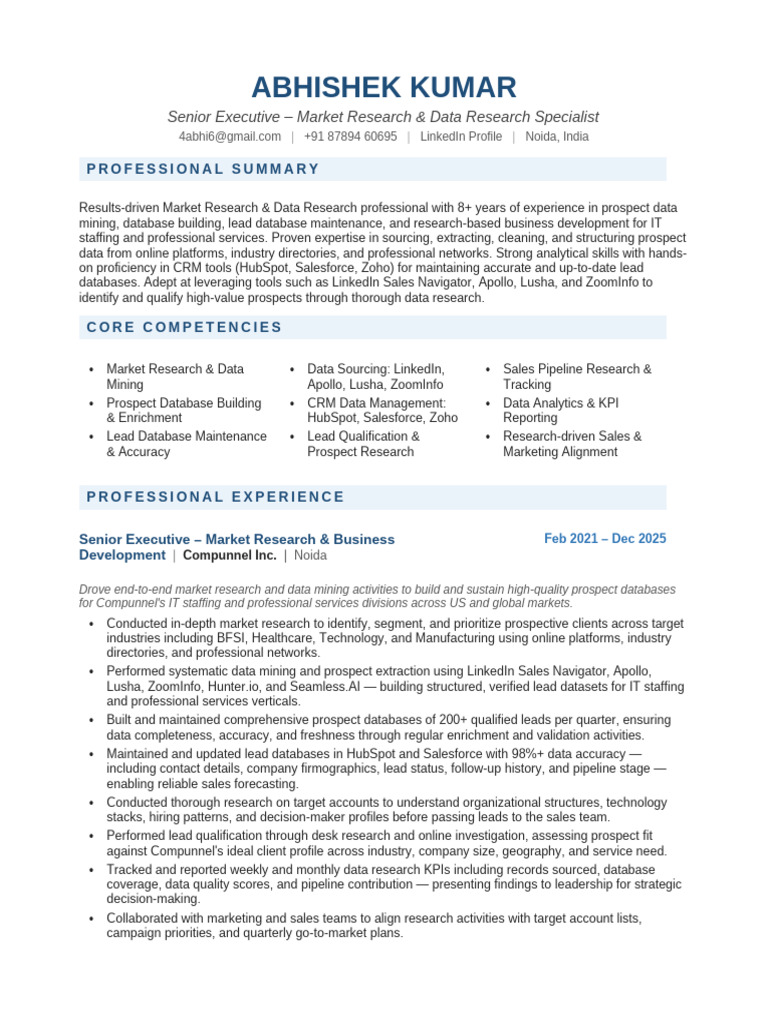 Abhishek Kumar Market Research Resume | PDF | Customer Relationship ...