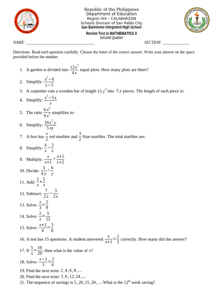 2nd Reviewer Math 8 | PDF | Mathematics | Arithmetic