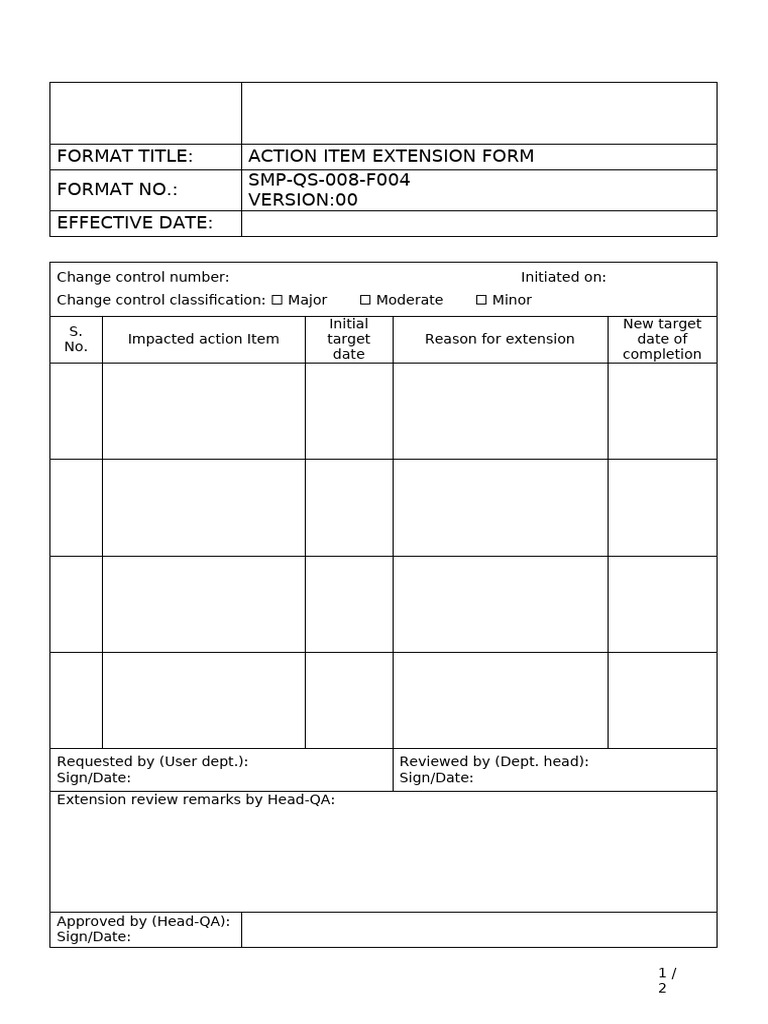 SMP-QS-008-F004 Action Item Extension Form | PDF