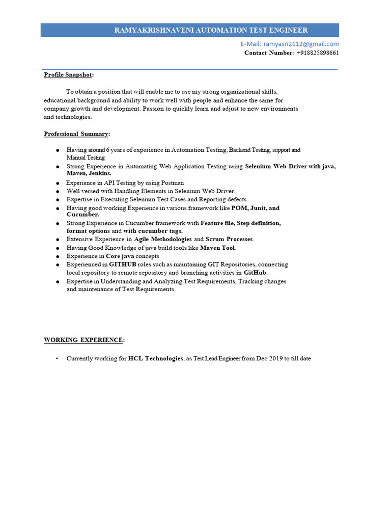 RamyaLeadEngineer Updated Resume | PDF | Selenium (Software) | Computer ...