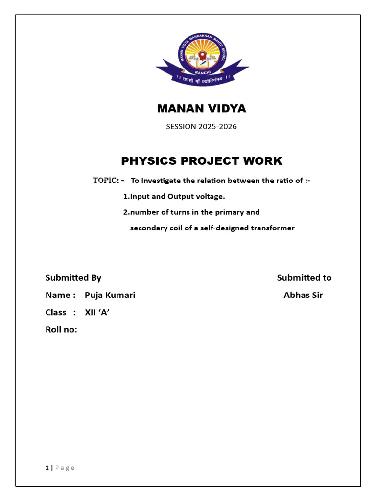 Physics Project Work | PDF | Transformer | Electric Power Transmission