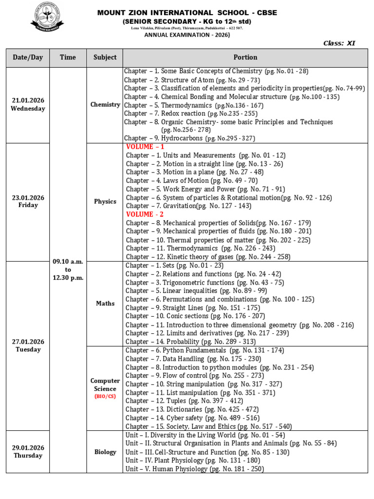 Class - 11 Annual Examination Date & Portion - 2025-26-1 | PDF ...