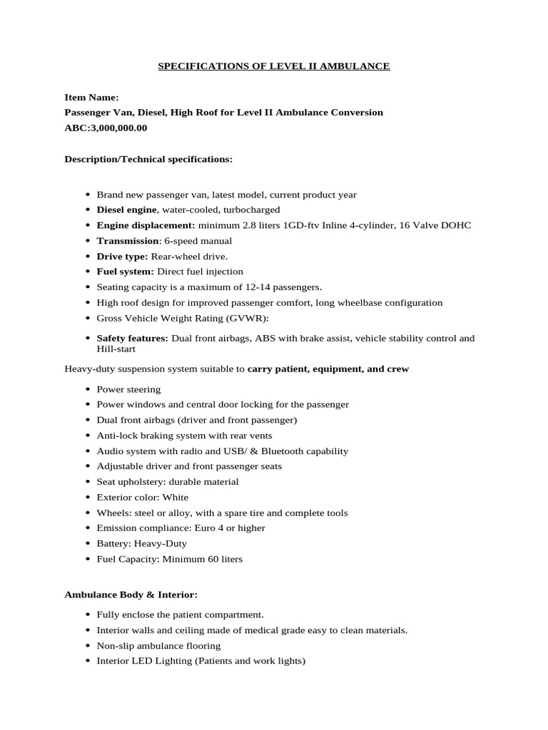 Specifications of Level II Ambulance | PDF | Anti Lock Braking System ...