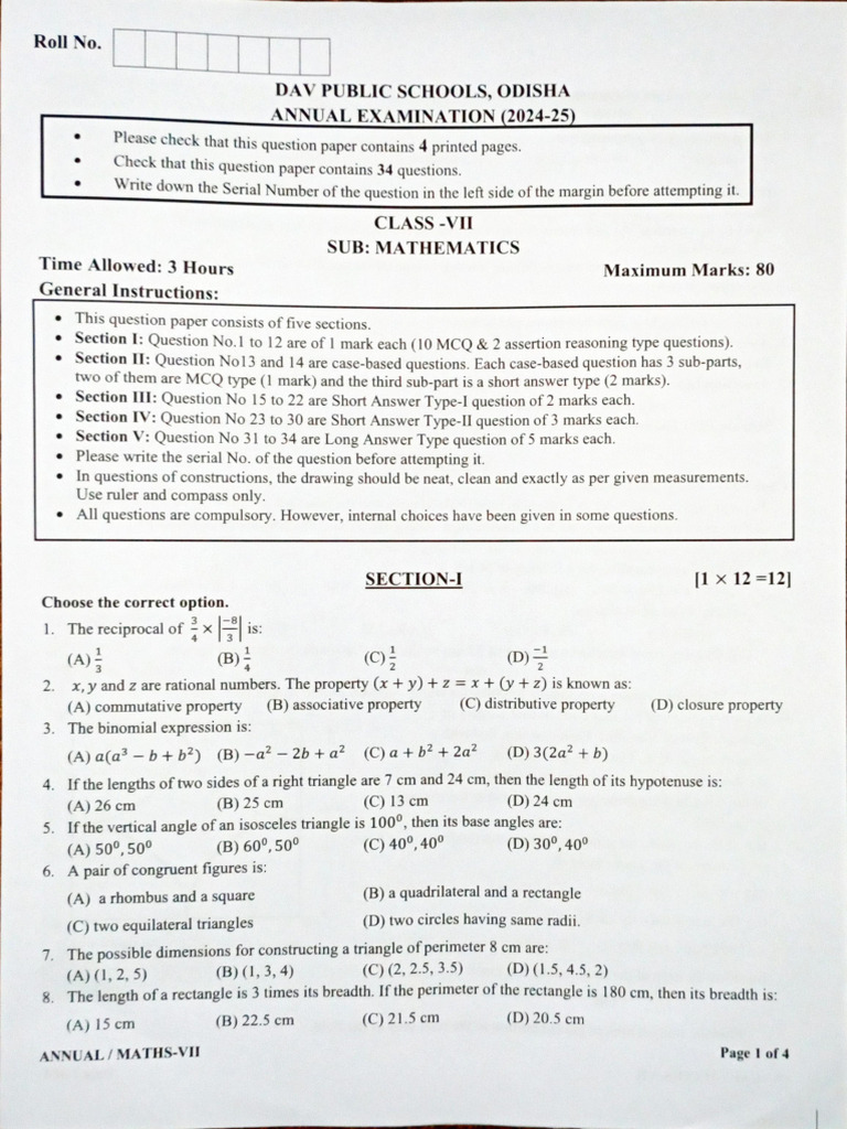Vii Maths QP Annual 2025 | PDF