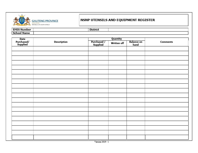 Utensils and Equipment Register (Blank Template) | PDF