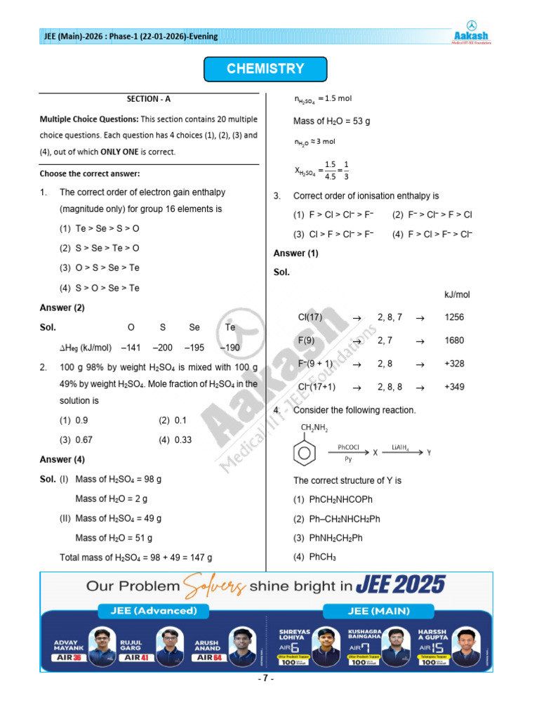 Jee Main 2026 January 22 Shift 2 Chemistry Question Paper Solutions ...