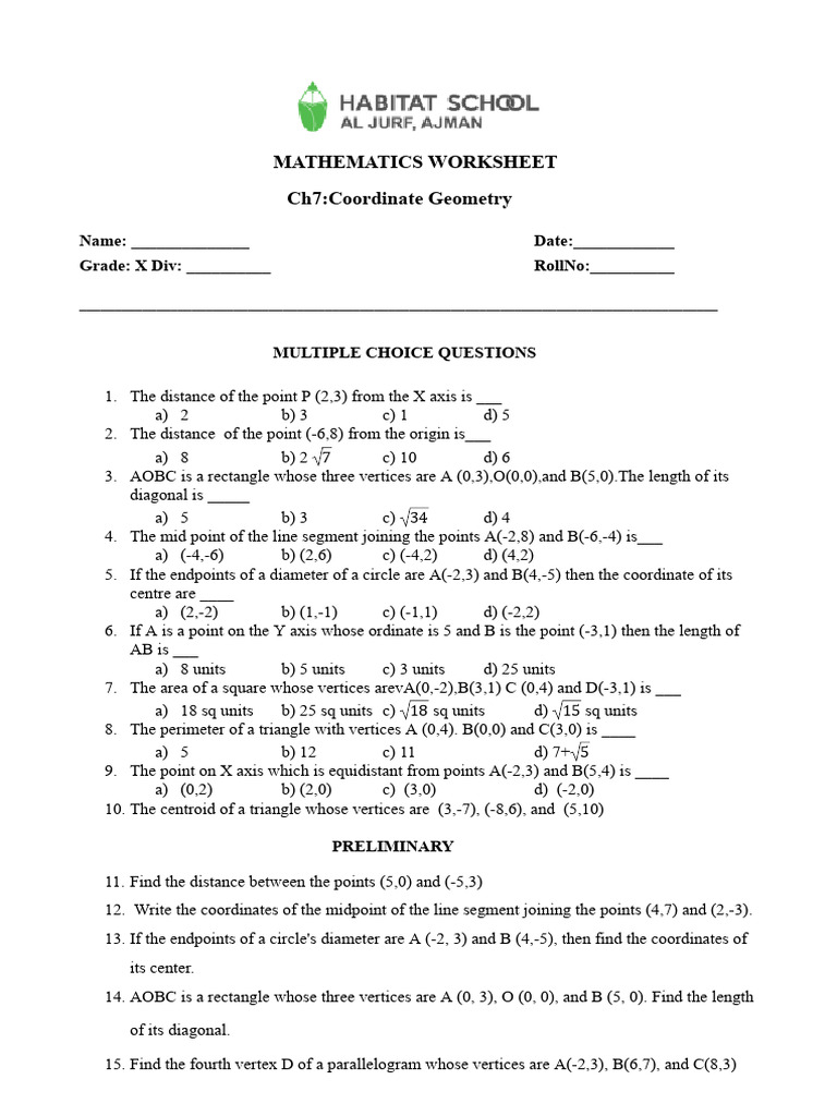 G10 - Maths Ch7 Coordinate Geometry WS 2024-2025 | PDF | Triangle ...