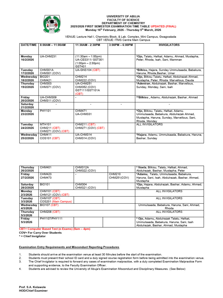 Revised Exam Time Table 1ST Sem 2025-2026 Final-Chem Dept | PDF
