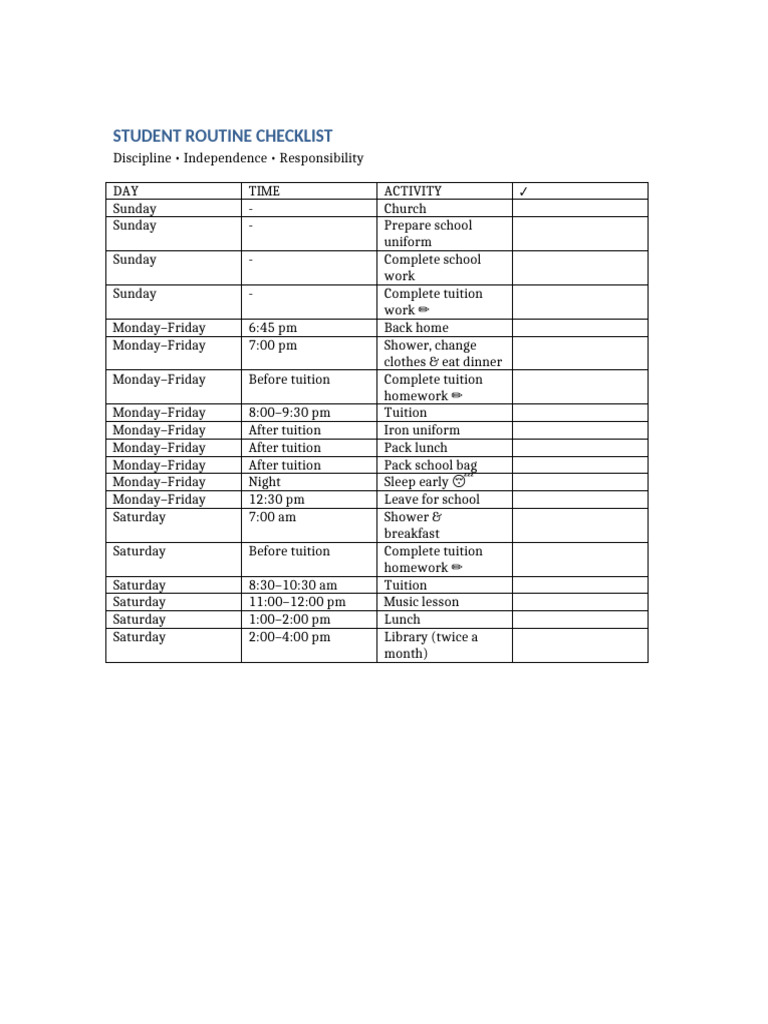 Student Routine Checklist Table | PDF