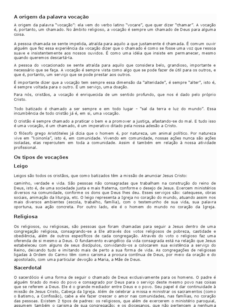 Origem e Significado da Vocação | PDF | Padre | Amor