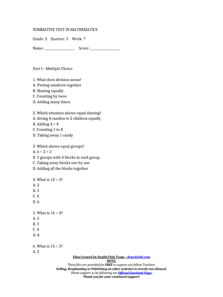 Summ Test Mathematics 2 q3 w7 | PDF | Division (Mathematics) | Discrete ...