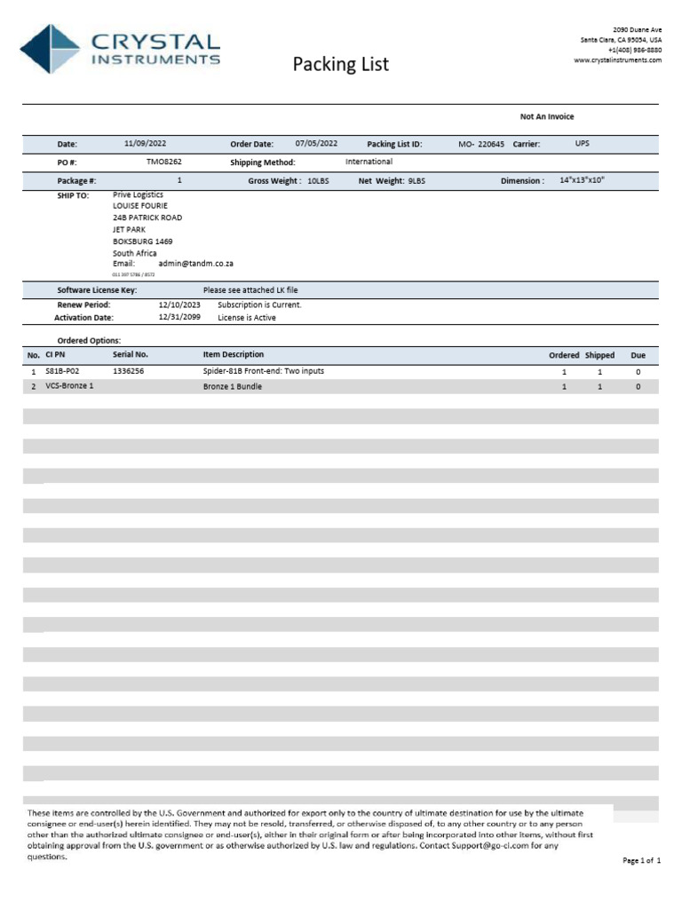 Spider81B Packing List 1336256-14142 | PDF